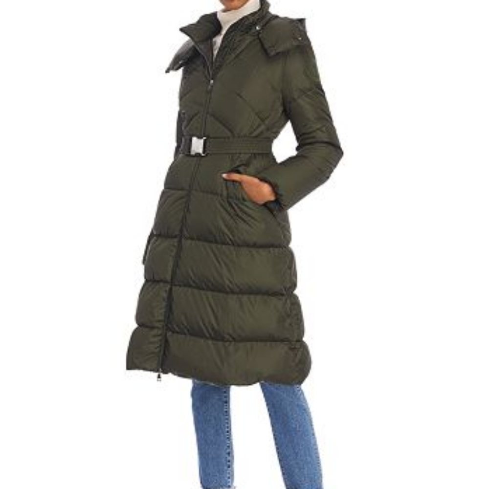 Moncler Agot Belted Hooded Down Puffer Coat in Green, Size 00